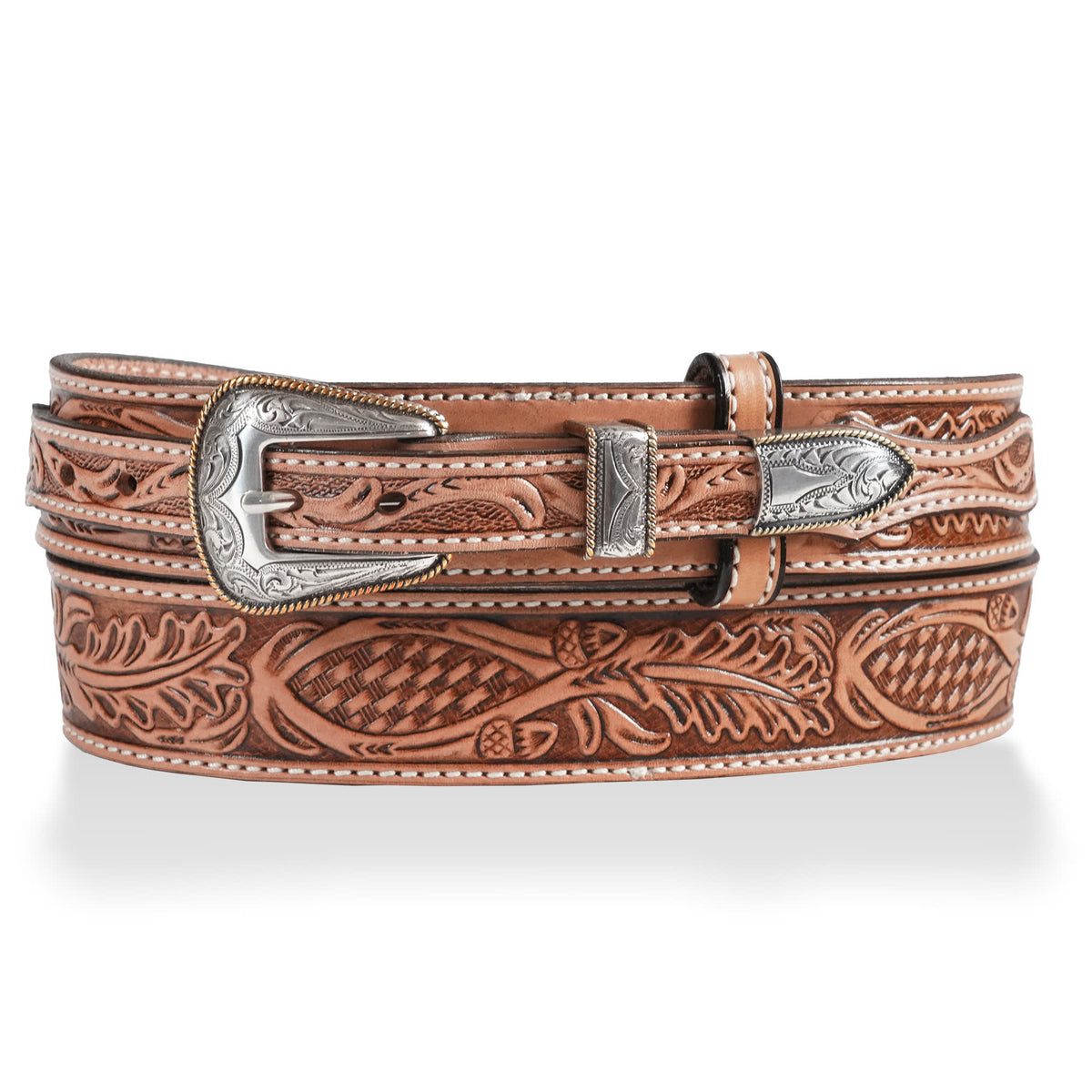 Amarillo 1.5" oak leaf ranger belt w/ concho — Antique Brown
