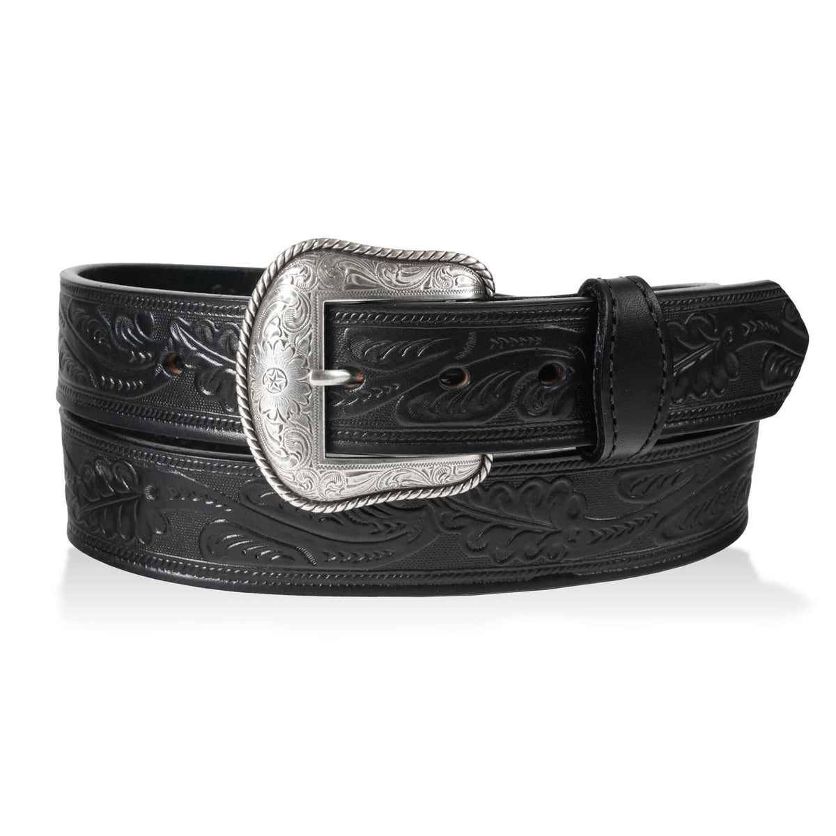 Concho 1.5" oak leaf western belt w/ concho — Black flat