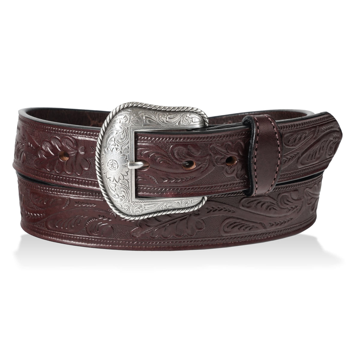 Concho 1.5" oak leaf western belt w/ concho — Dark Brown flat