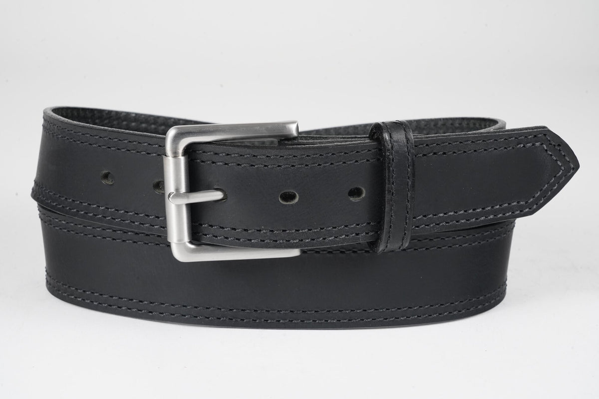 Mason 1.5" double stitched work belt in Black, studio photo showing tonal dark stitching