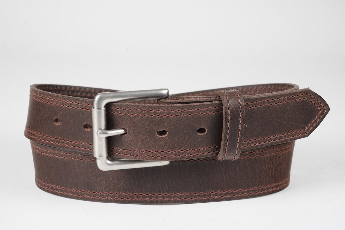 Mason 1.5" double stitched work belt in Dark Brown, studio photo showing brown stitching