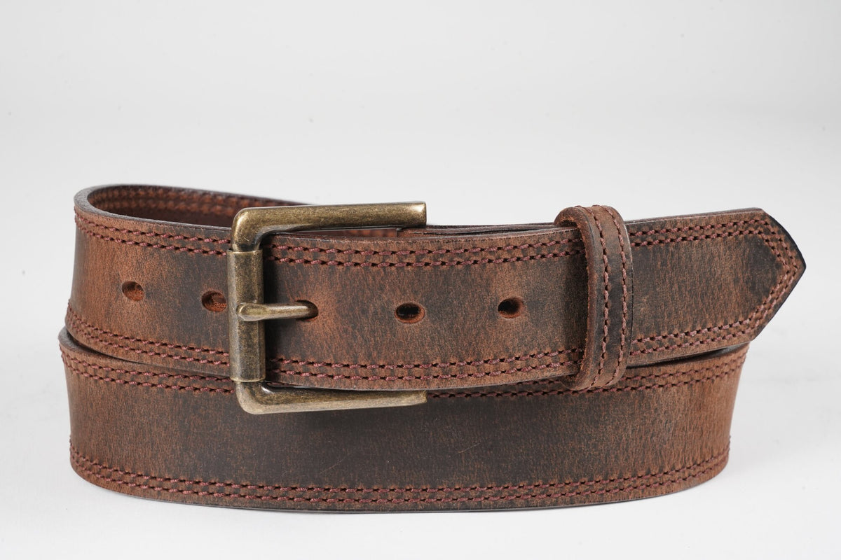 Mason 1.5" double stitched work belt in Distressed Brown, studio photo showing brown stitching