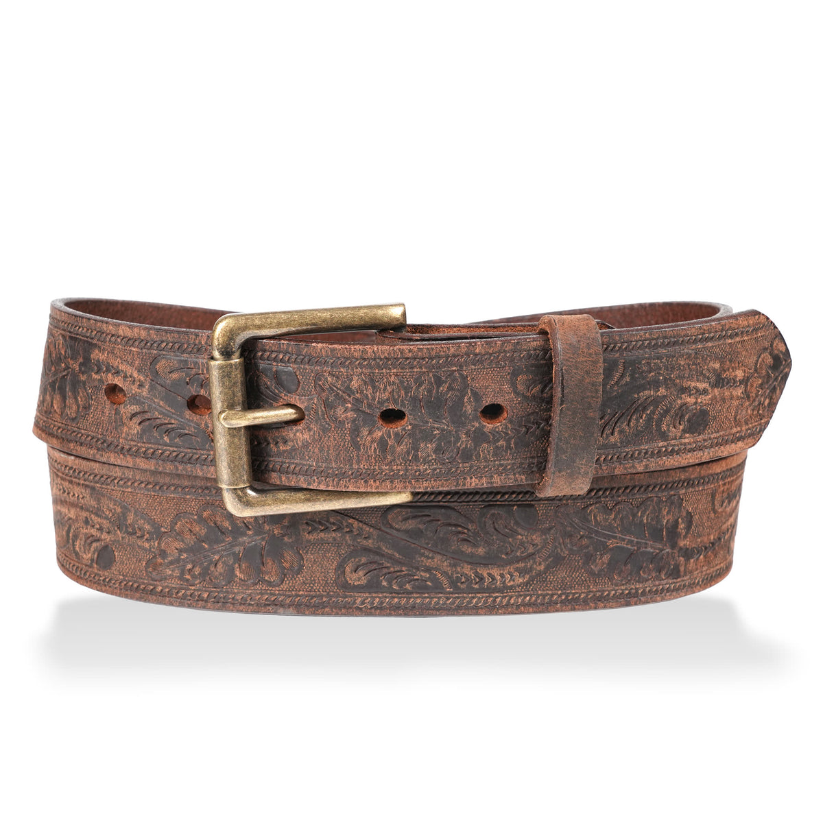 Sheridan 1.5" oak leaf/floral embossed belt — Distressed Brown