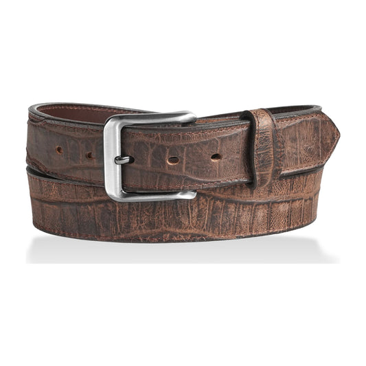 Alligator Embossed Leather Dress Belt w/ Tabs — Dark Brown — YourTack