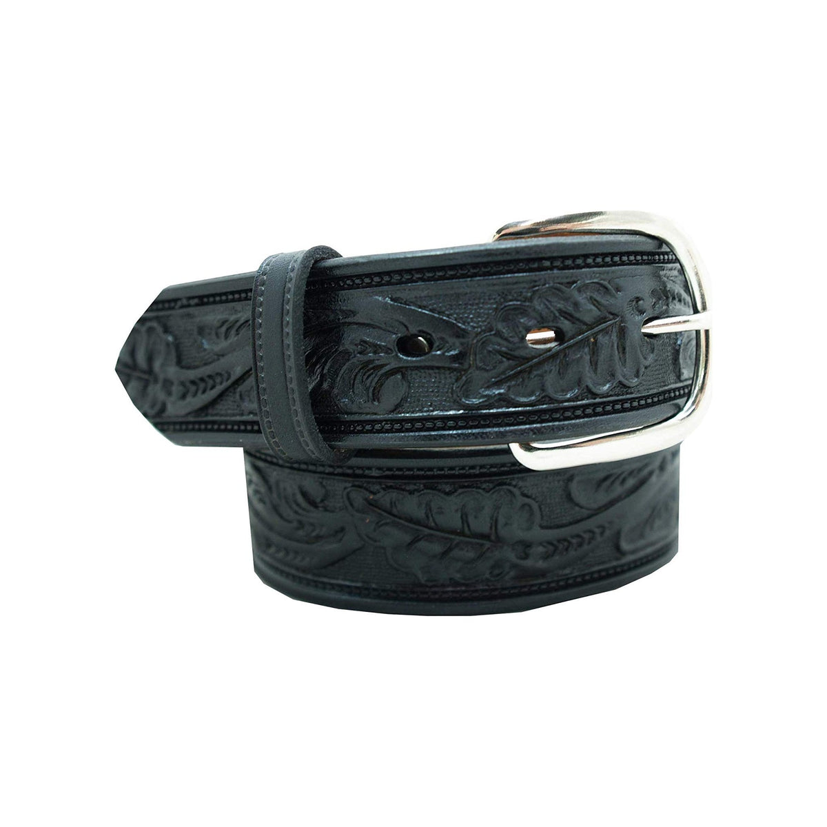 1 1/2" Oak Leaf Embossed Classic Western Casual Belt — Black — YourTack — close-up