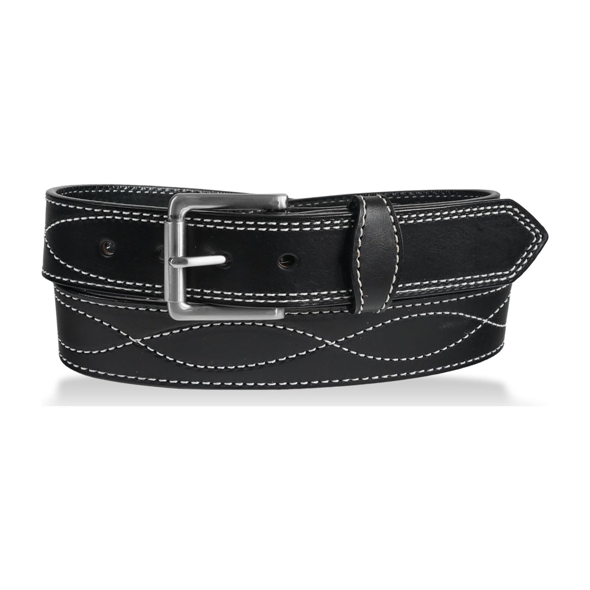 1 1/2" Decorative Figure 8 Stitching Men's Leather Work Belt — Black w/white stitch — YourTack
