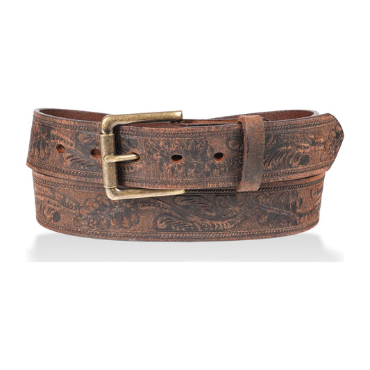 Sheridan — 1.5" Oak Leaf/Floral Embossed Belt — Distressed Brown — YourTack